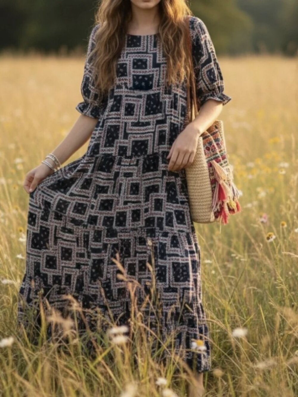 NATURAL LIFE Sz L Maxi Dress Collette Boho Navy Patchwork Tiered Smocked Sleeves